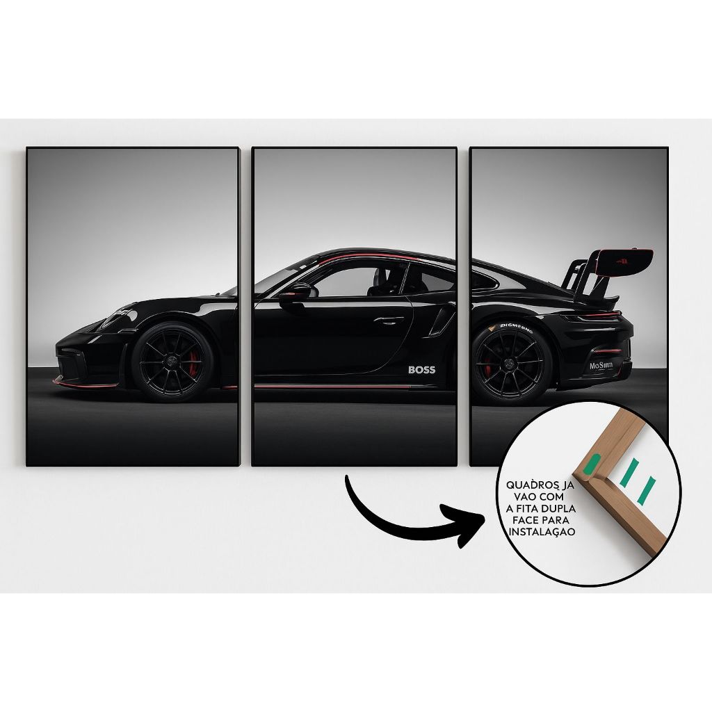 Quadro Decorativo 3 Peças Carro gt3rs Sala Estar Decoração Casa