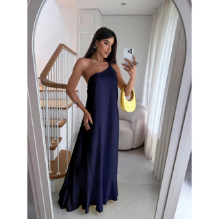 Vestido Feminino Longo Liso Alça Única e Fina Com Cordão Removível Elegante Soltinho COD:221-Liso
