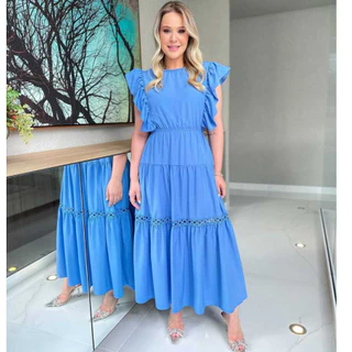 vestido longo feminino tres maria de borboleta renda na saia com forro na saia tecido crepinho com MODA EVANGÉLICA em Oferta na Shopee