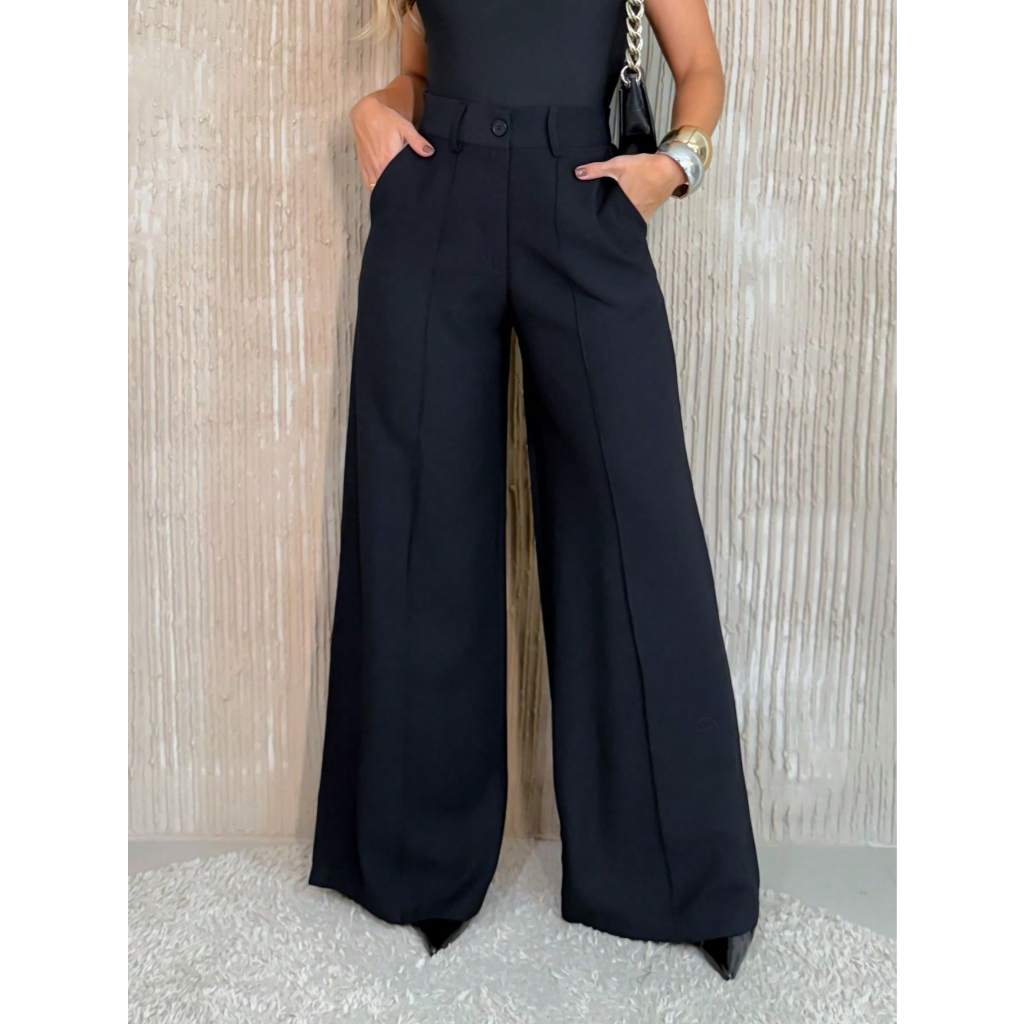 REF: Y278 Calças Largas Femininas de Cor Sólida, Estilo Elegante e ...