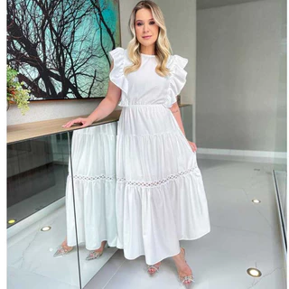 vestido longo feminino manga borboleta com babado crepinho com elástico na cintura com forro e renda ,MODA EVANGELICA em Oferta na Shopee
