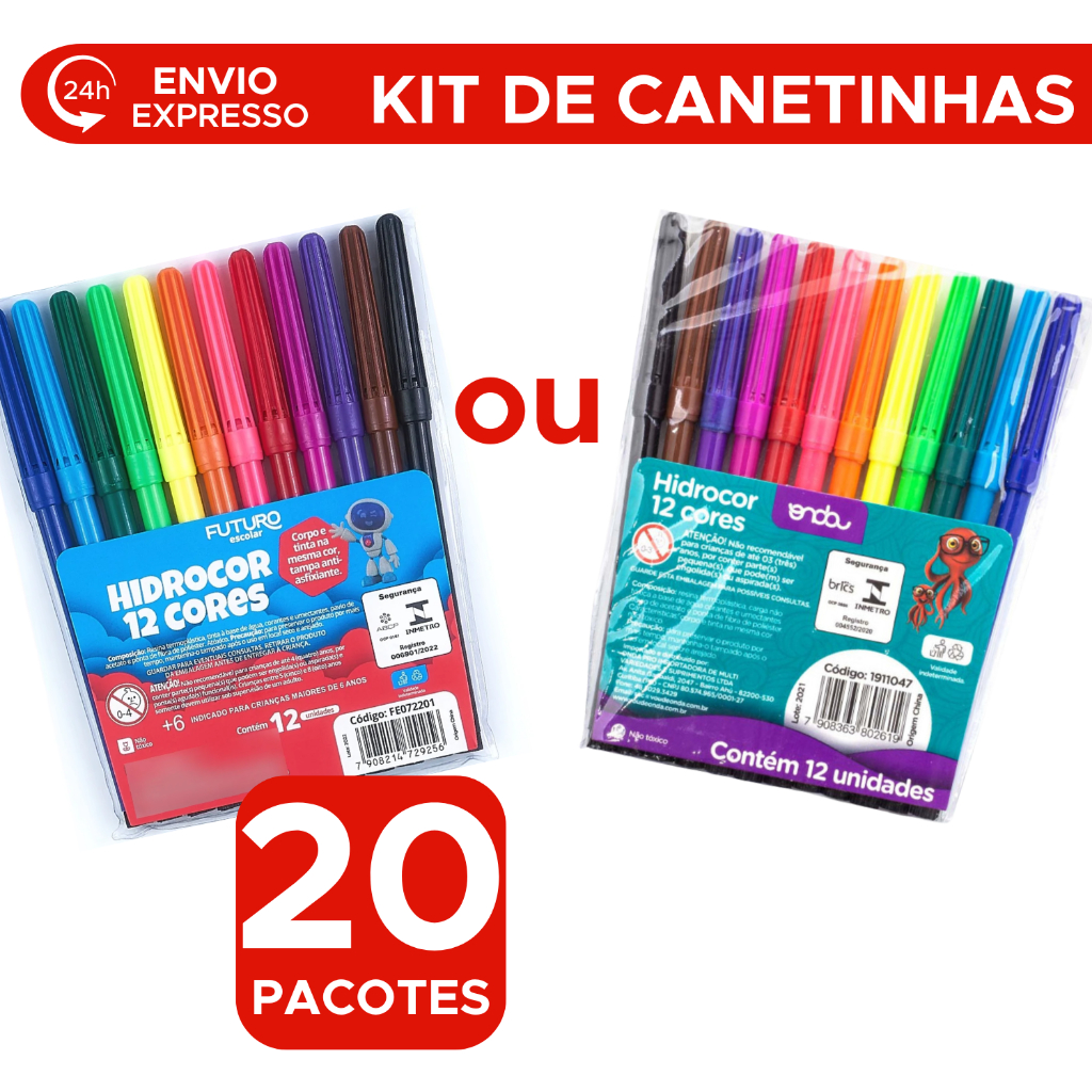 Kit Até 20 Pacotes De Canetinhas Com 12 Cores Hidrográfica Não Mancha ...