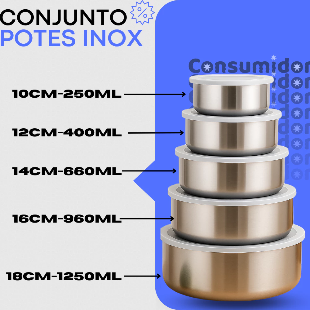 Jogo 10 Potes Tigelas em Inox Alumínio Com Tampa Redondo - Imagem 2