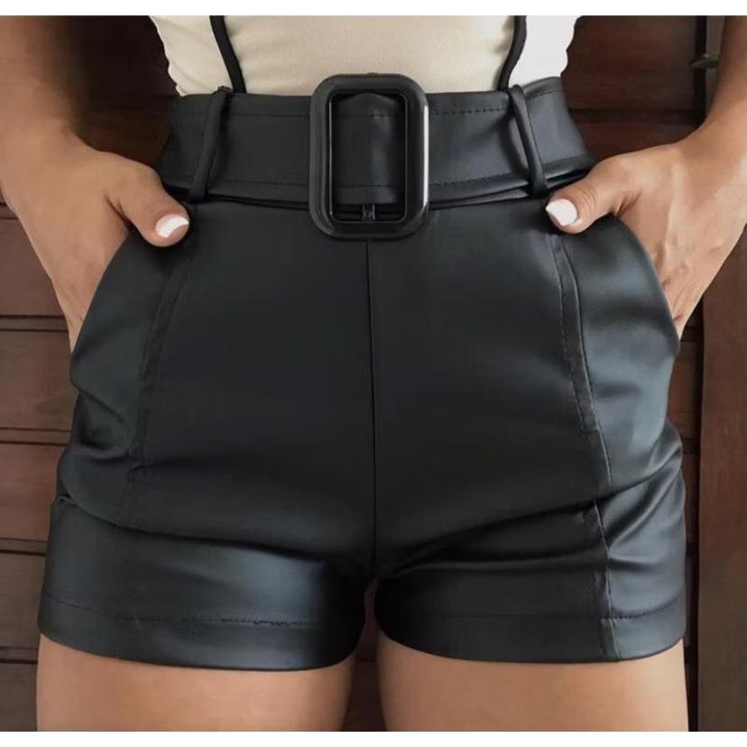 Shorts De Couro Fake Tecido Cirre Short Feminino Preto De Fivela ...