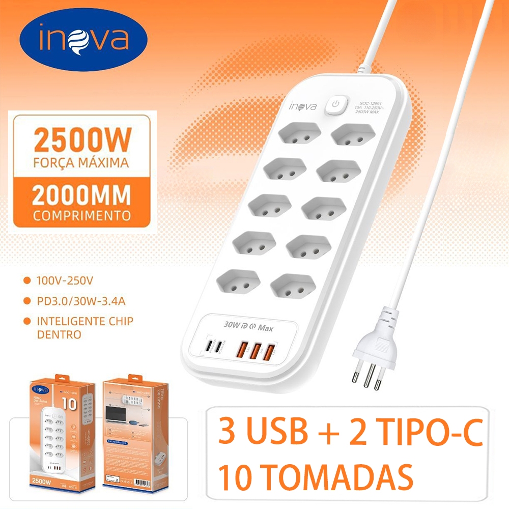 INOVA Régua Filtro de Linha com 10 e 6 Tomadas 2500W Extensão Elétrica 3 Universal 3 U 2 Type c 10A 110V/220V 2M Bivolt