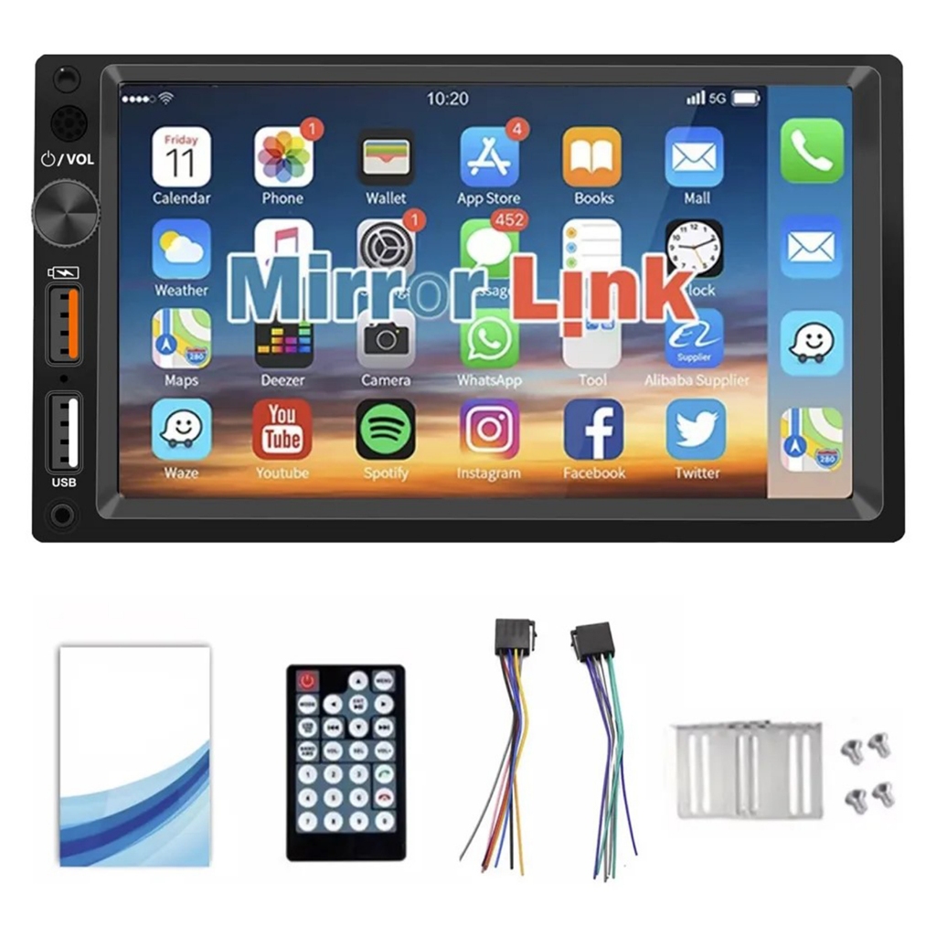 Sistema multimídia automotivo Mirrorlink 7020 com tela sensível ao toque de 7", preto