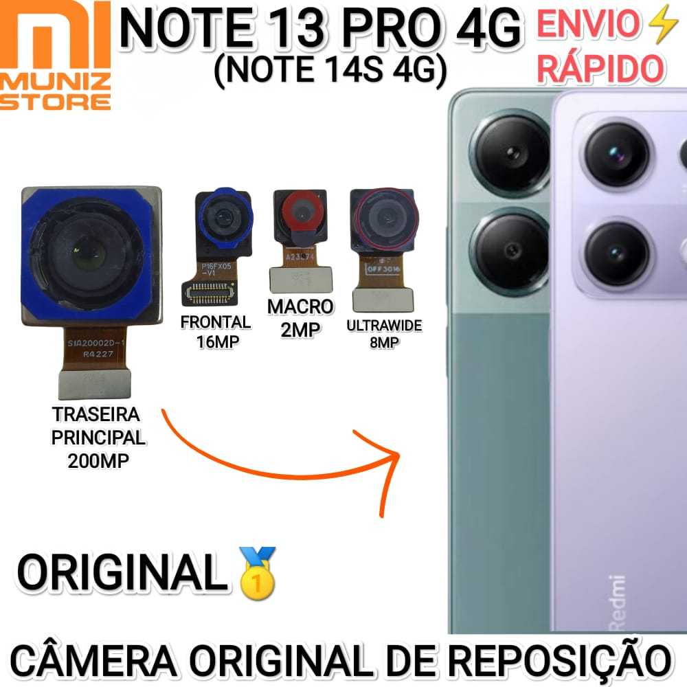 Lente Xiaomi Redmi Note 13 Pro/Note 14S 4G Câmeras Frontal/Traseira ...