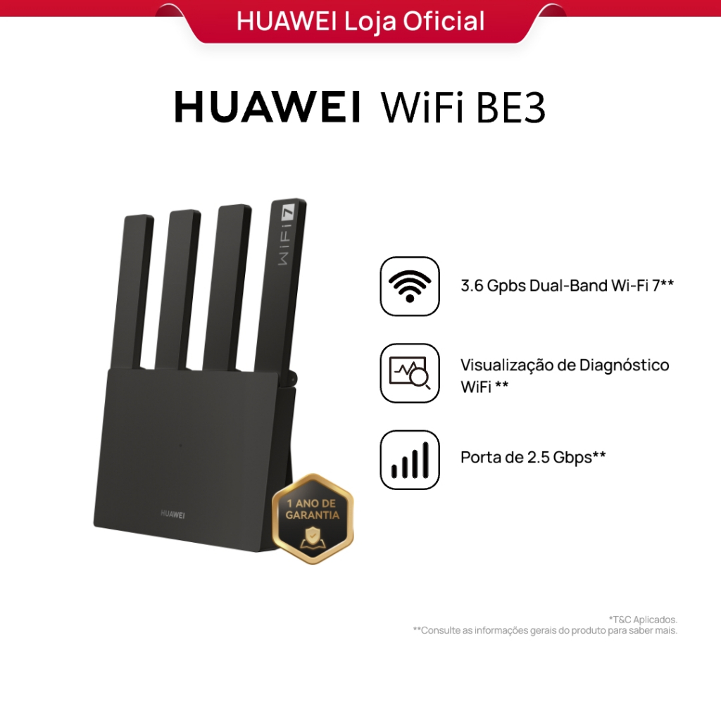 Roteador HUAWEI WiFi BE3 Wi-fi 7 Huawei Be3600 2,4 GHz e 5 GHz Com 4 Antenas 3600 Mbps Wireless Bivolt