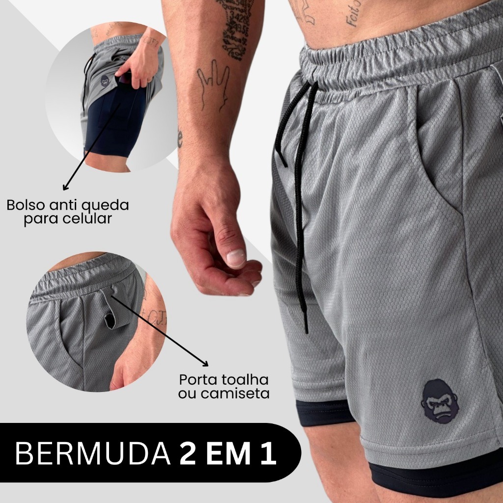 Short Bermuda Masculina 2 em 1 Térmica Esportiva