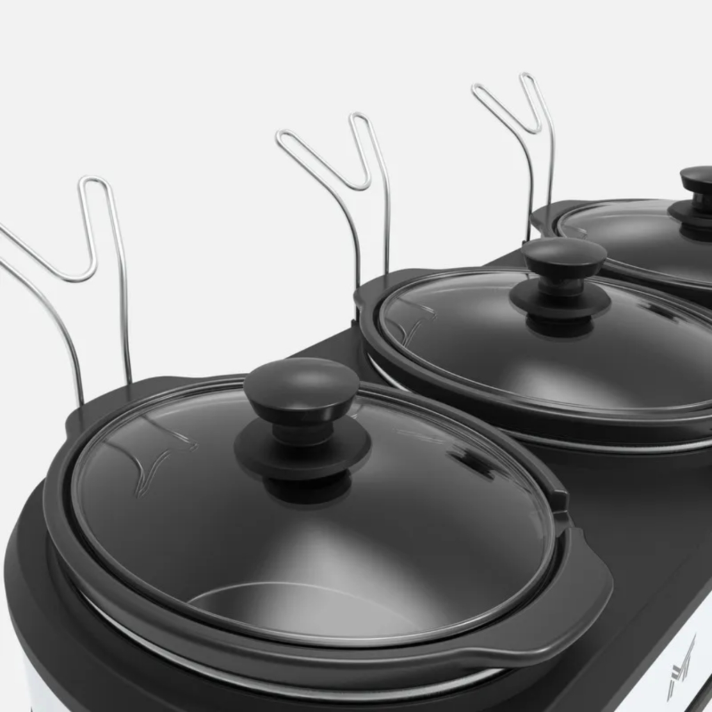 MegaChef MC-1203 - Server da cucina lento e buffet triplo da 2,5 pezzi in finitura argento spazzolato e nero con 3 pentole in ceramica e poggiapiedi rimovibili per coperchio, 1 articolo (2,5