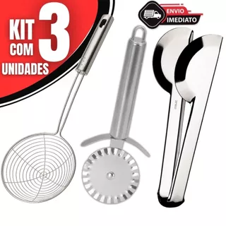 Pegador Inox + Escumadeira Fritura + Cortador de Pastel | Kit Utensílios Cozinha