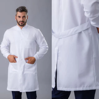 Jaleco Masculino Gabardine Gola Padre Manga Longa Branco Com Punho E Botão Avental