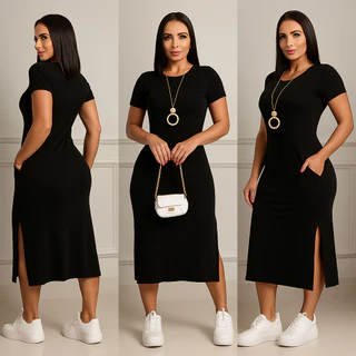 Vestido MIDI com Bolso e Fendas Laterais: Moda Evangélica. Feito de viscoLycra Premium, Conforto e Elegância em uma peça