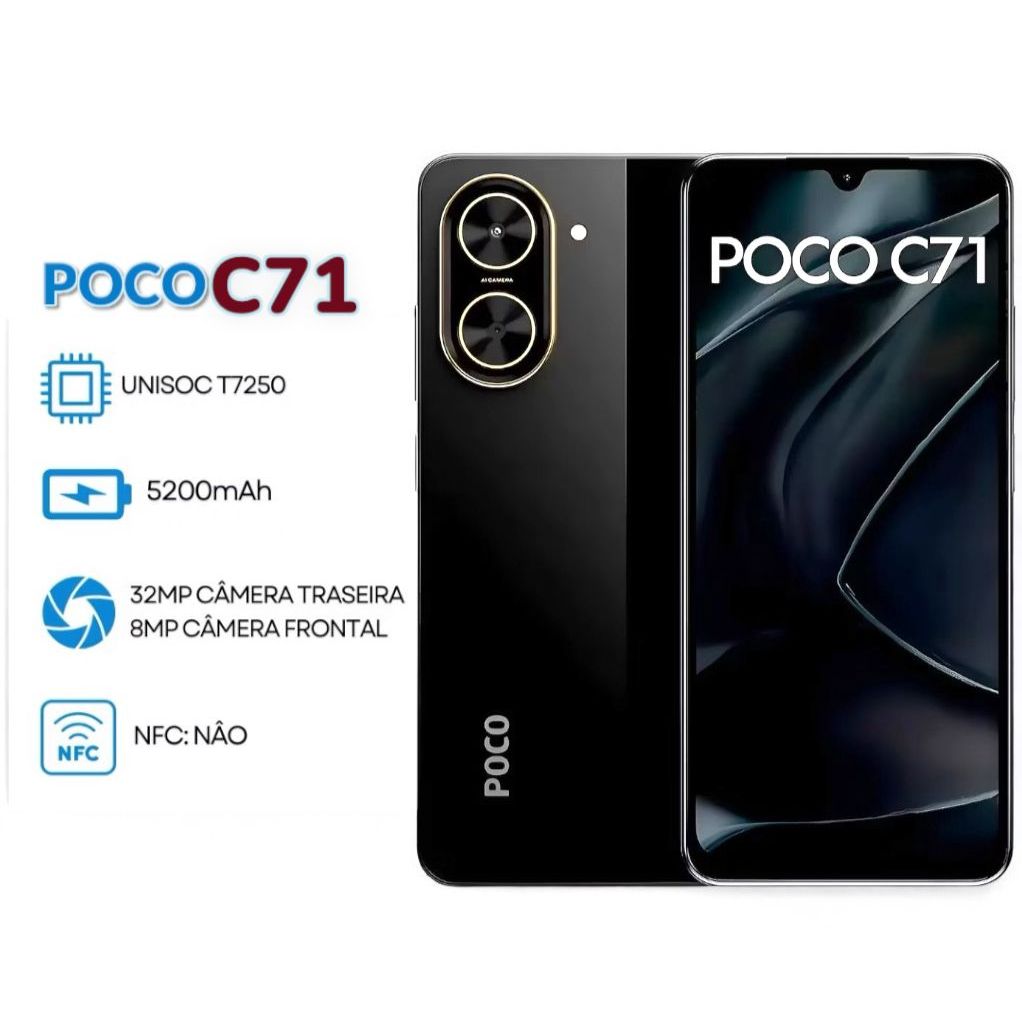 Celular Xiaomi Poco C71 64GB PRETO Dual Sim Tela 6,88! 120HZ Camera Dupla 32MP + Frontal 9MP Versão Global Original