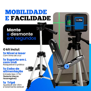 Nivelador Nível A Laser Verde Esquadro + Suporte + Tripé Profissional Recarregável 20m Metros 2 Linhas 3d Autonivelante