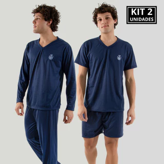 KIT 2 Pijamas Masculino Comprido + Curto Malha Confortável Verão e Inverno em Oferta na Shopee