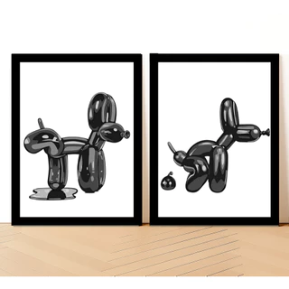 Quadros Decorativos Cachorro Banheiro Balão Preto Branco 2 Peças Sanitário Engraçado Minimalista Necessidades
