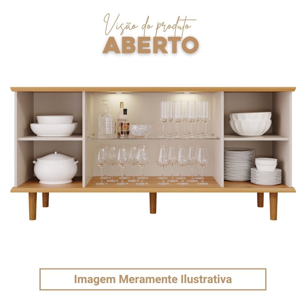 Aparador Buffet 2 Portas Ripada e 2 Vidro Temperado Led Pés Em