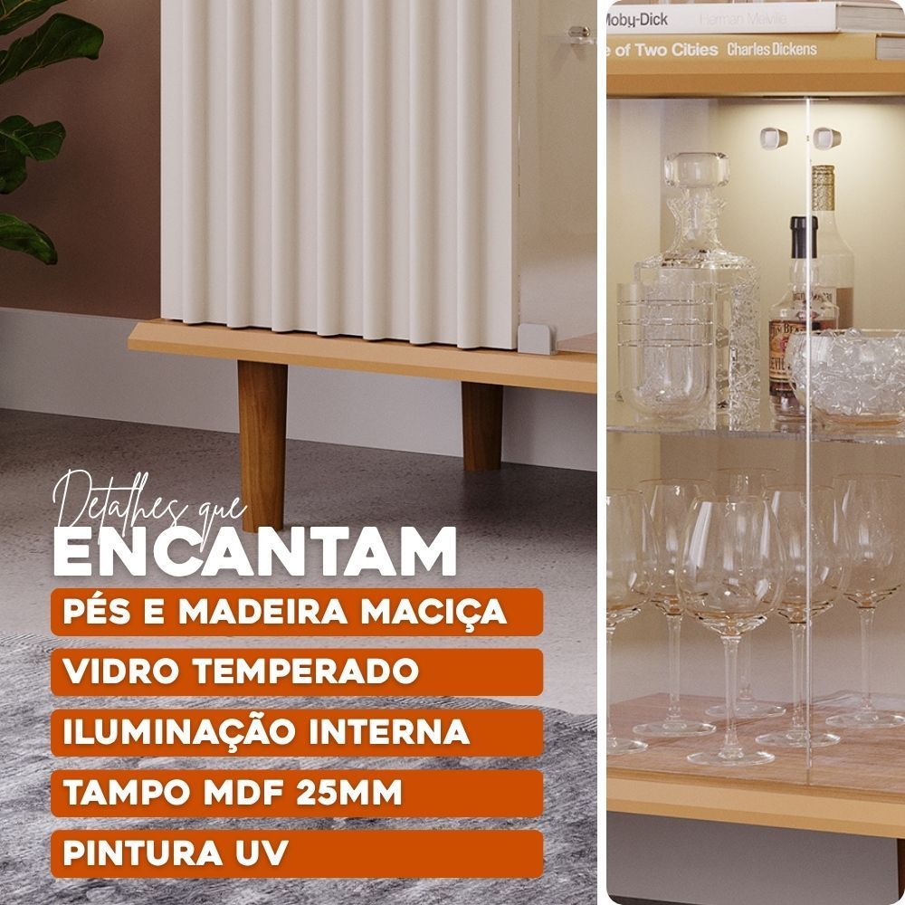Aparador Buffet 2 Portas Ripada e 2 Vidro Temperado Led Pés Em