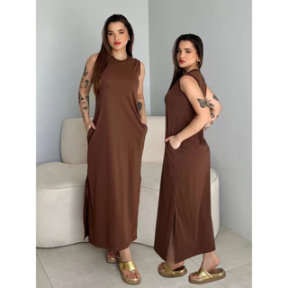 Vestidos Feminino Longo Com Bolso e Fenda nas Laterais Cavado Algodão Alta Qualidade Premium em Oferta na Shopee