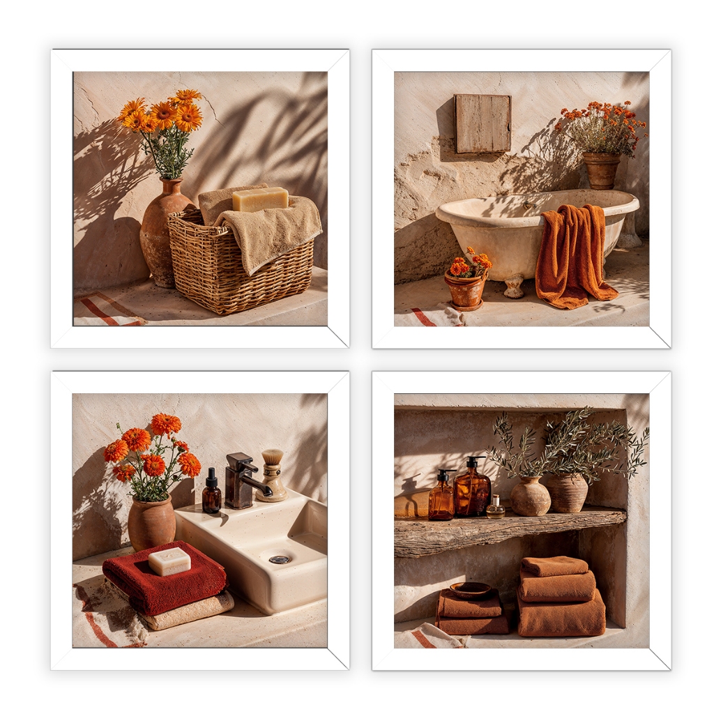 Kit 4 quadros 18x18 banheiro, lavabo vintage flor terracota