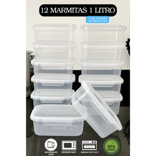 Kit 12 Marmitas Pote Fitness UM LITRO 1000ML Freezer E Microondas Livre de BPA Seguro Organizador