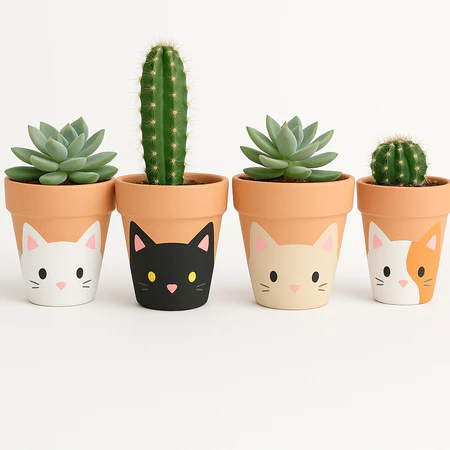 Kit 4 vasos de cerâmica gatinho de suculentas e cactos 