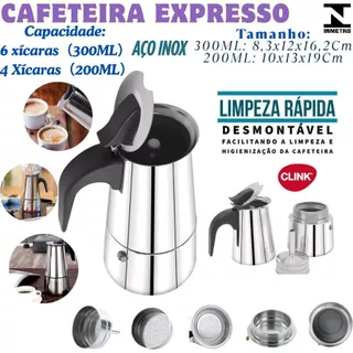 Cafeteira Italiana 300ML 6 Xícaras Inox Ou 200ML 4 Xícaras Compatível Com Fogão De Indução em Oferta na Shopee