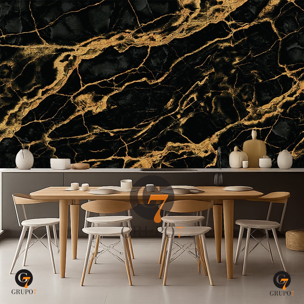Papel de Parede Adesivo Vinilico Marmore Preto Fio Ouro Sala Quarto Cozinha Escritorio Studio 3D