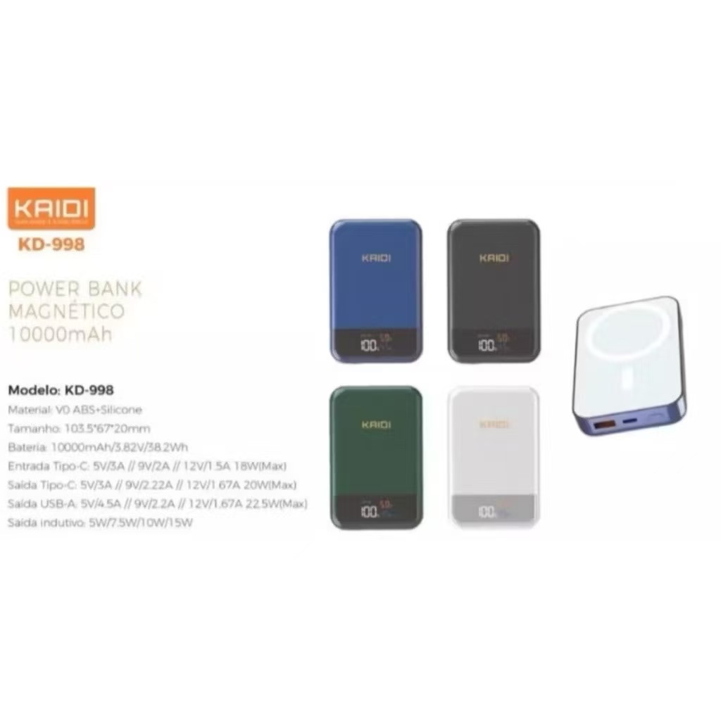 Carregador Por Indução Portátil Power Bank Magnético Kaidi KD 998 10000 ...