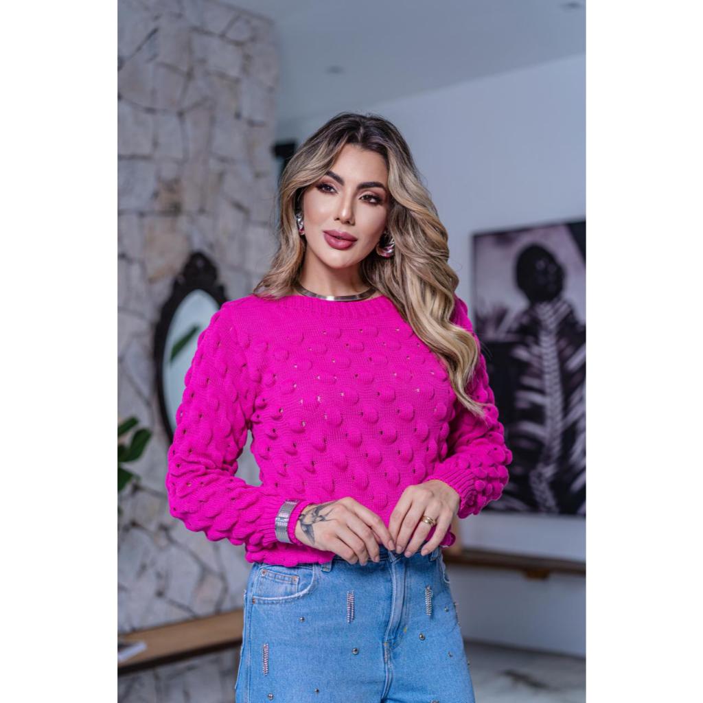Blusa Mel Tricot Bola Blusinha Crochê Moda Feminina Tendencia