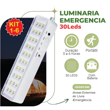 Kit 6 Luminária Emergência Lâmpada 30 Leds Recarregável Bivolt Luz Branca (Branco Frio 6,500K)
