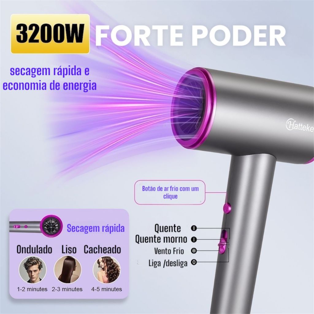 Secador de Cabelo 110v Iônico Secagem Rápida Ar Quente/Frio Silencioso ...
