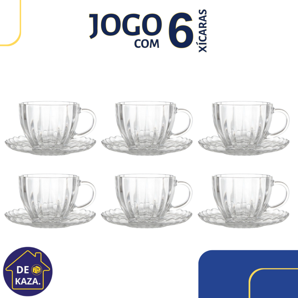 Jogo de Xícaras Com Pires Oxford 200ml Vidro Lanty 6 Unidades