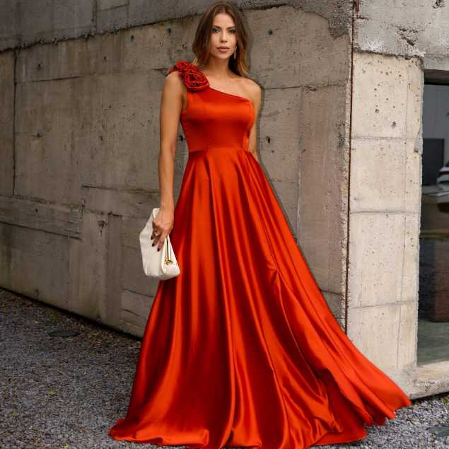 Vestido Longo Cetim Ombro Só Festa Casamento Elegante Formatura