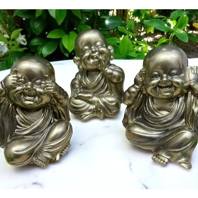Trio Buda Monge Mini Budinha | Sabedoria | Jardim Zen Decoração