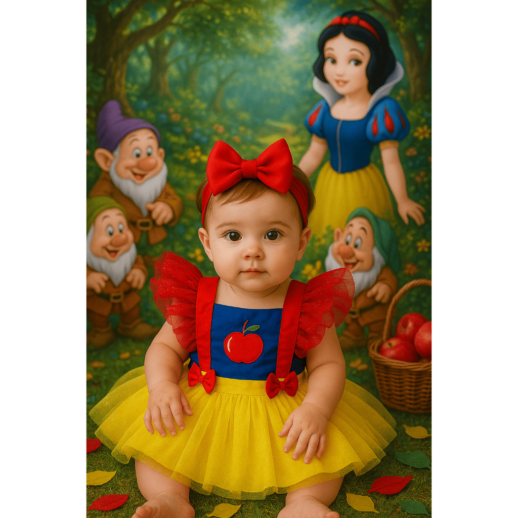 Jardineira Romper Saia Tule Glitter Glamour Luxo Branca de Neve