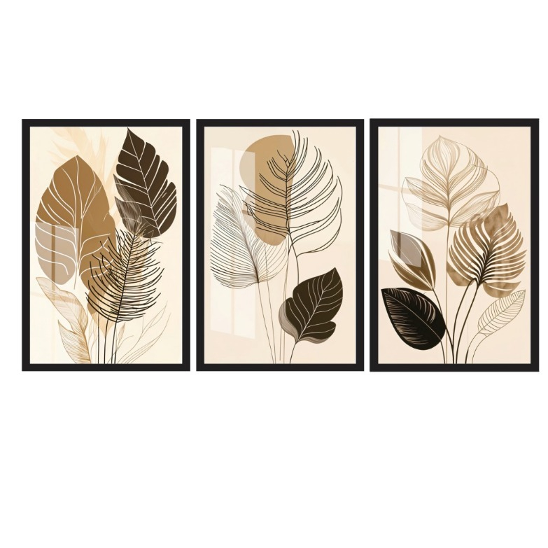 Kit 3 Quadros Decorativos Folhagem Folhas Neutro Moderno Mosaico Sala Quarto Escritório