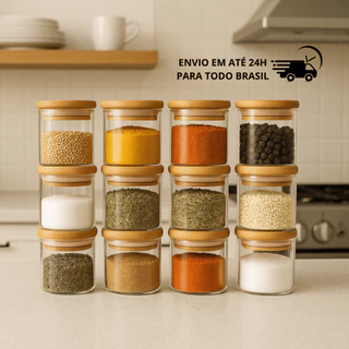 Kit 12 Potes de Vidro 200ml com Tampa de Bambu Hermético Mantimentos Condimentos Empilhaveis