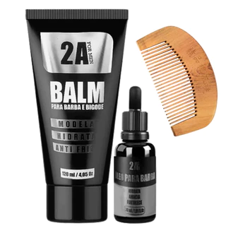 Kit Para Barba Balm, Oleo e Pente de Madeira Modela, Hidrata e Anti Frizz