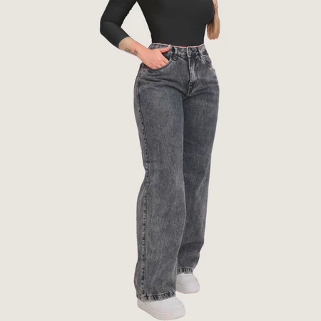 Calça Jeans Feminina Wide Leg Pantalona Cinza Grafite do 34 ao 44