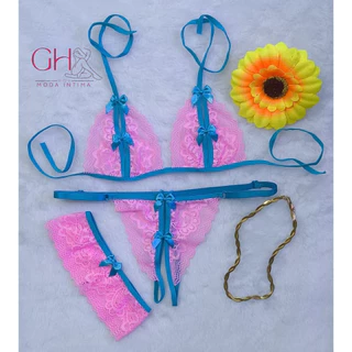 Conjunto Apressadinha trio com perneira, Renda Bicolor Sensual