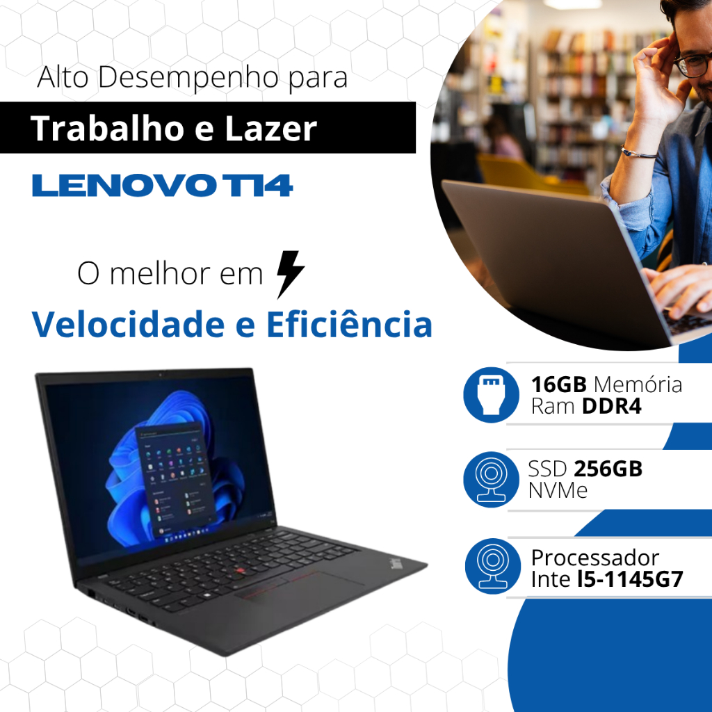 Notebook Touch Lenovo T14 i5 11ª Geração 16GB RAM 512GB NVMe