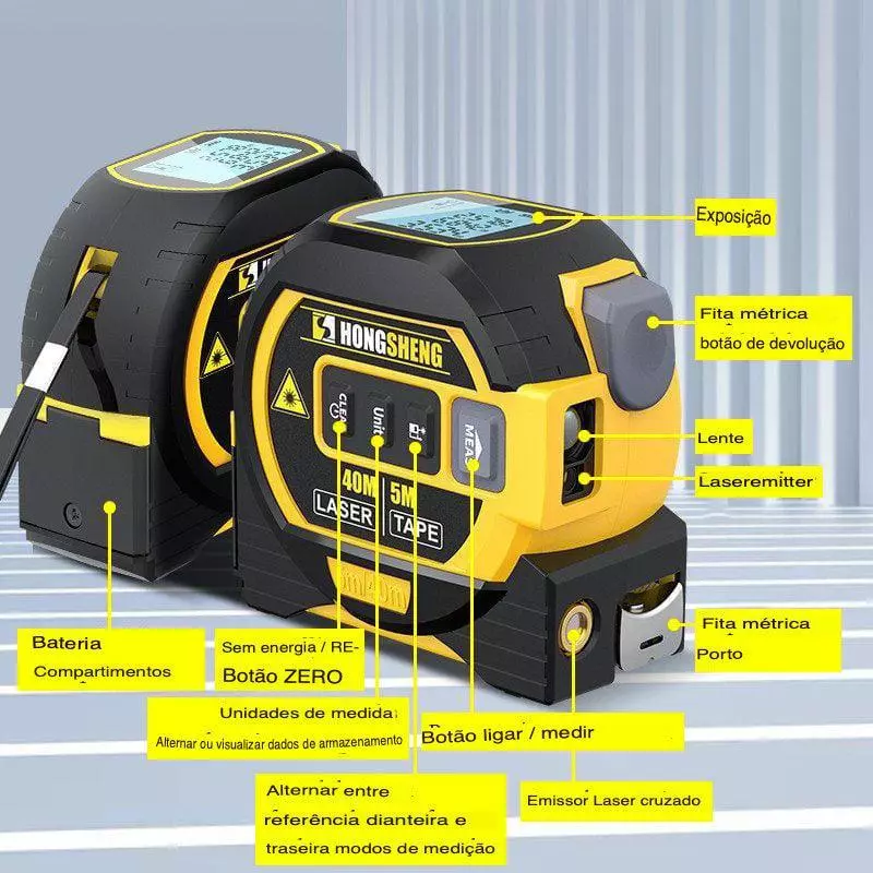 Trena Digital Laser 40 Metros 3 Em 1 Com Fita Métrica Lcd