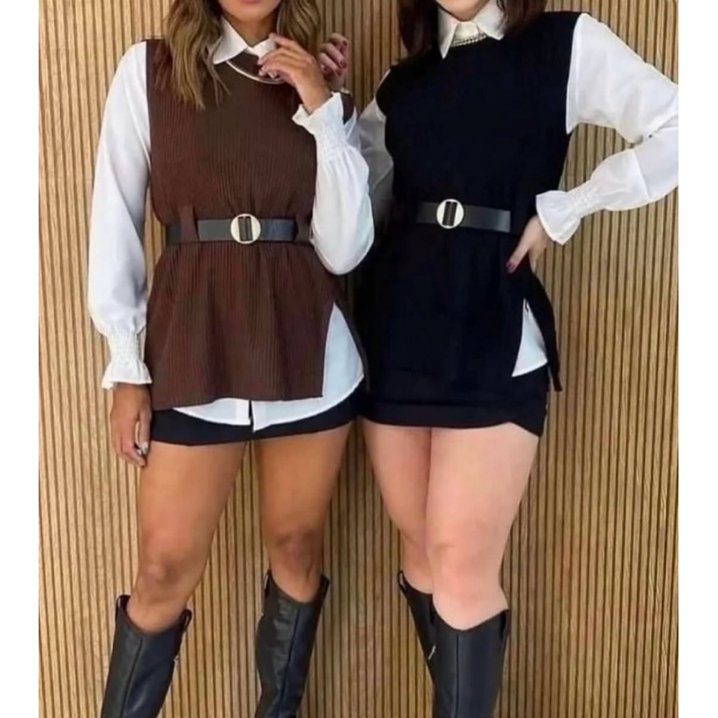 Conjunto Feminino Colete de tricô e Camisa Social Branca com Cinto ...