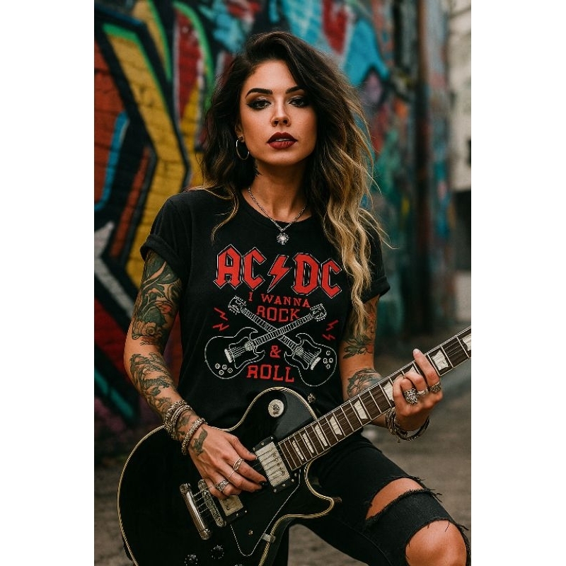 Camiseta Rock AC/DC Algodão Premium Feminina Gola Redonda Estampa DTF ...