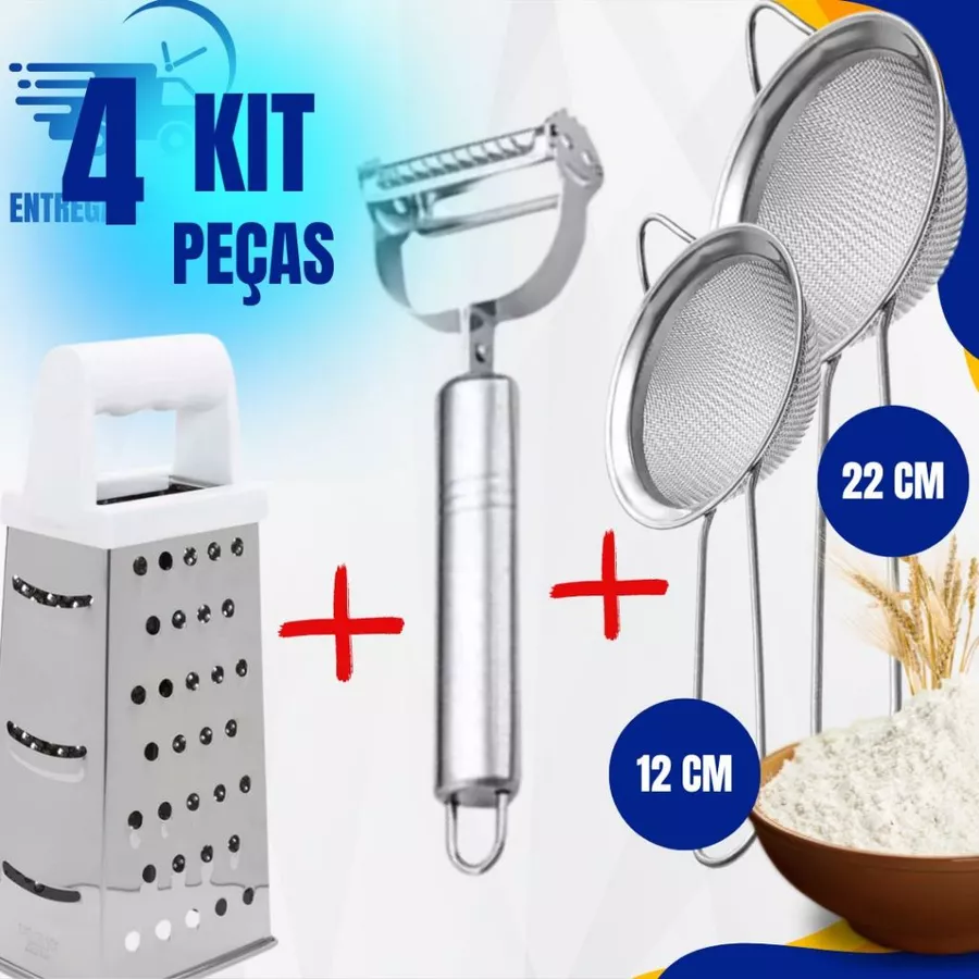 Kit 4 Peças Utensílios em Aço Inox 2 peneiras 12'' e 22'', ralador, e descascador de legumes