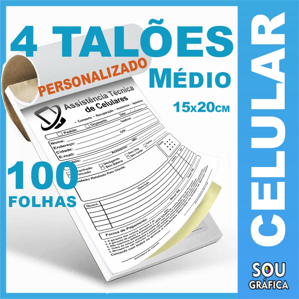 4 Talão Celular Personalizado Médio 15x20cm com seus dados no cabeçalho ...