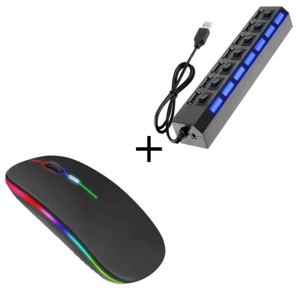 Kit Mouse Sem Fio Recarregável Led Rgb Ergonômico e Hub Usb 2.0 Com 7 ...