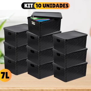 Kit Com 10 Cesto Caixa Organizadora Rattan Com Tampa  7 Litros Preto